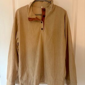 Tan Corduroy-Style Long Sleeve Pullover with Faux Suede Elbow Patches - Size S/M
